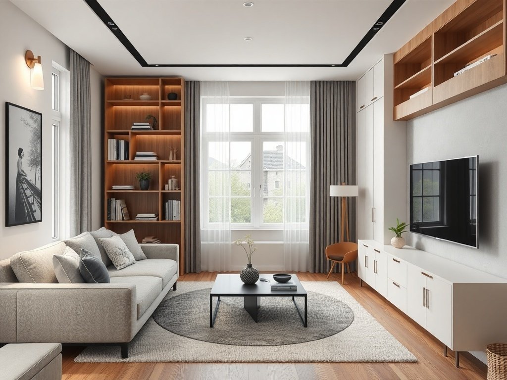 Elegant small living room featuring stylish storage solutions
