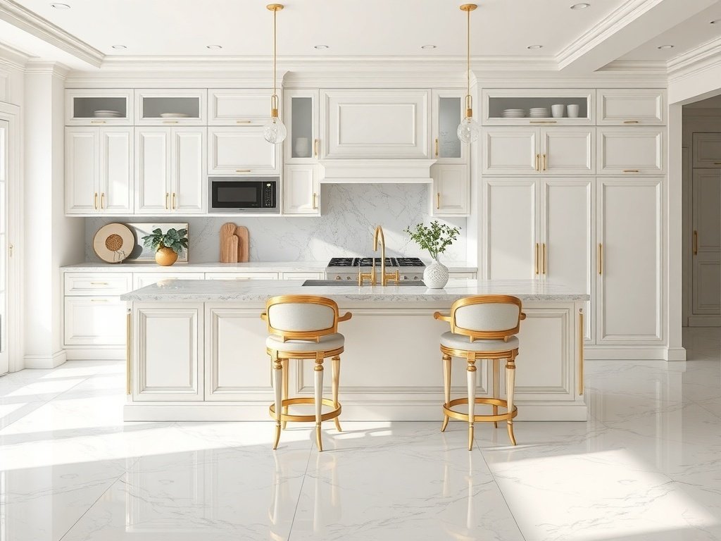 A modern luxury kitchen featuring a white island with gold trim and two elegant chairs.