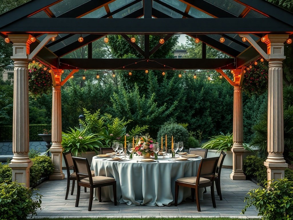 A beautifully arranged gazebo with outdoor dining setup surrounded by greenery.