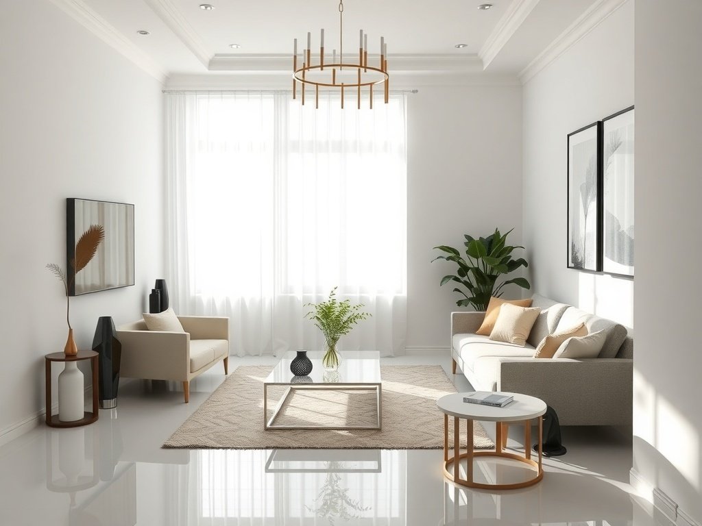 Elegant small living room design with natural light and reflective surfaces