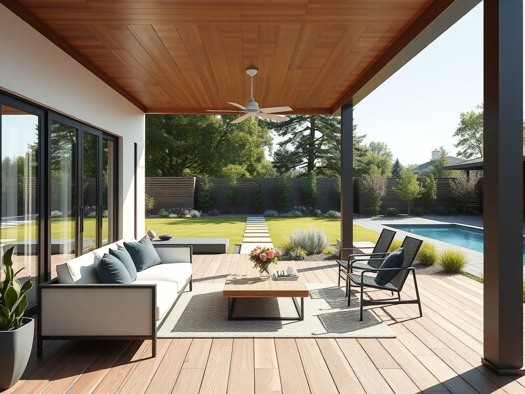A sleek modern deck with minimalistic furniture and an inviting atmosphere.