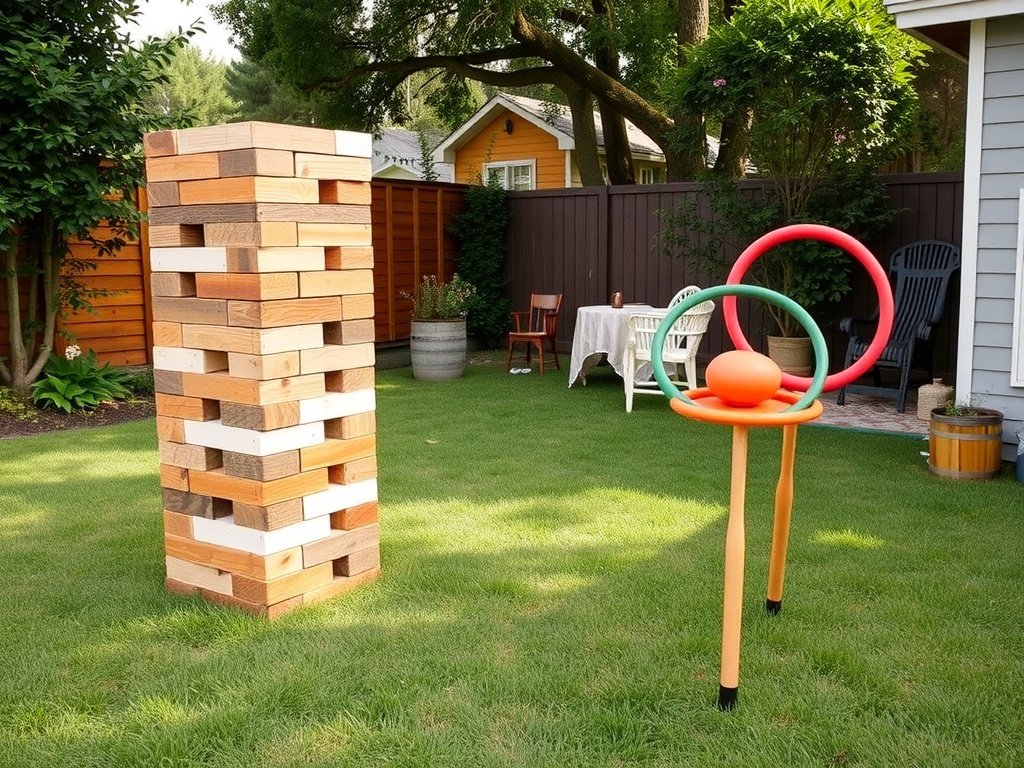 Colorful games set up in a backyard, including giant Jenga and hoop tosses.