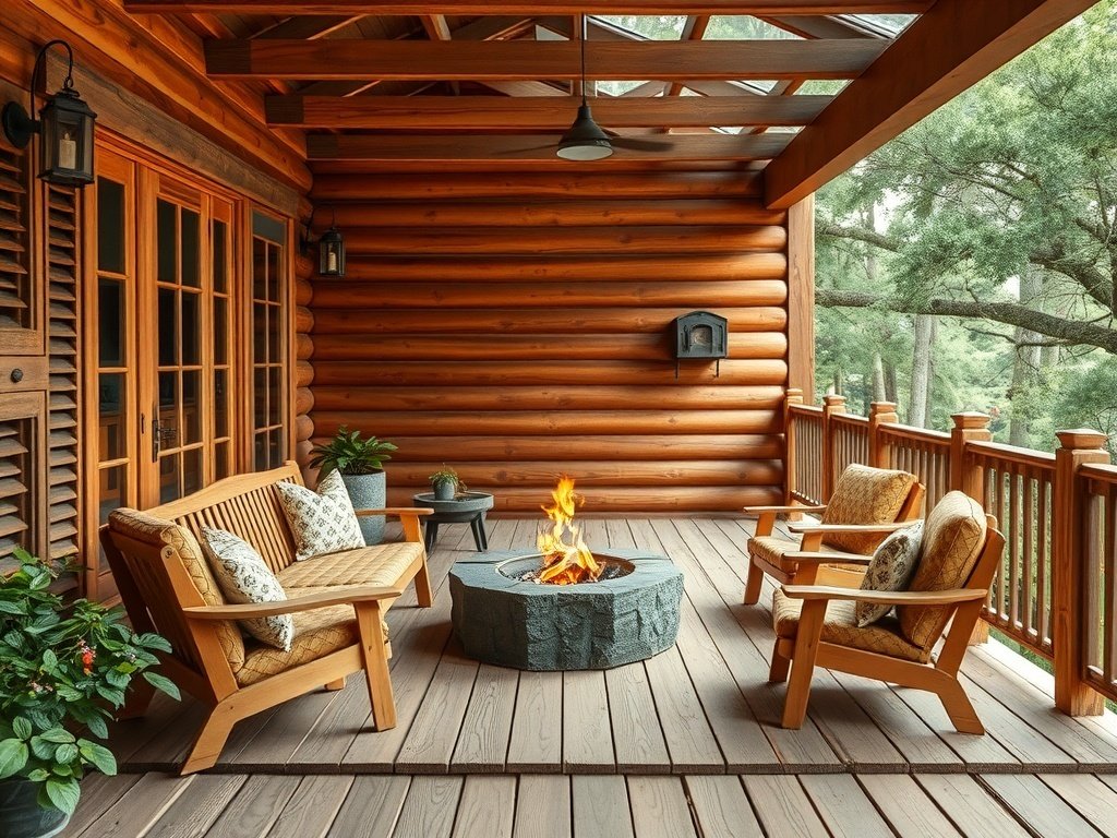 Cozy rustic timber deck with seating and a fire pit