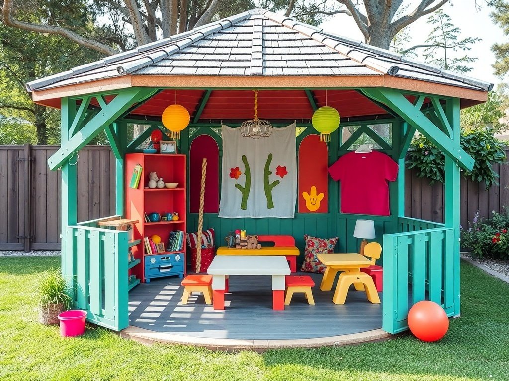 A colorful children's play area under a gazebo with toys and seating in a backyard