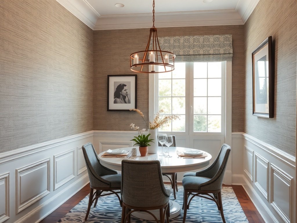 Elegant dining room with textured wallpaper, chandelier, and stylish table setting.