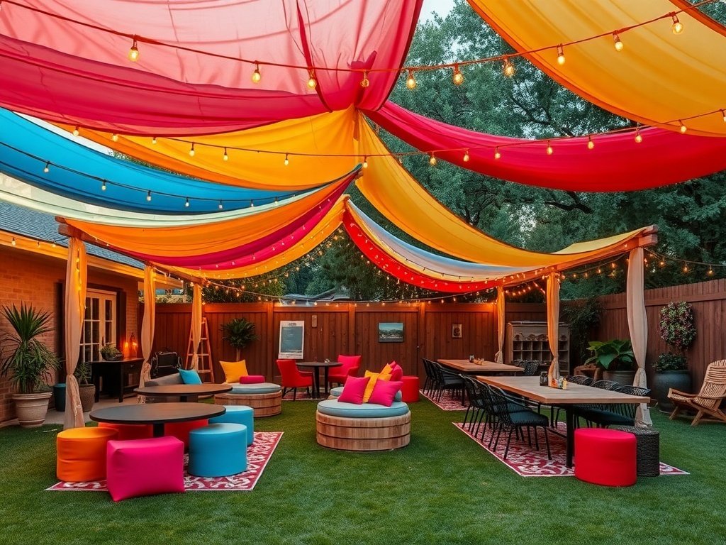 A colorful backyard setup with vibrant textile canopies and cozy seating.