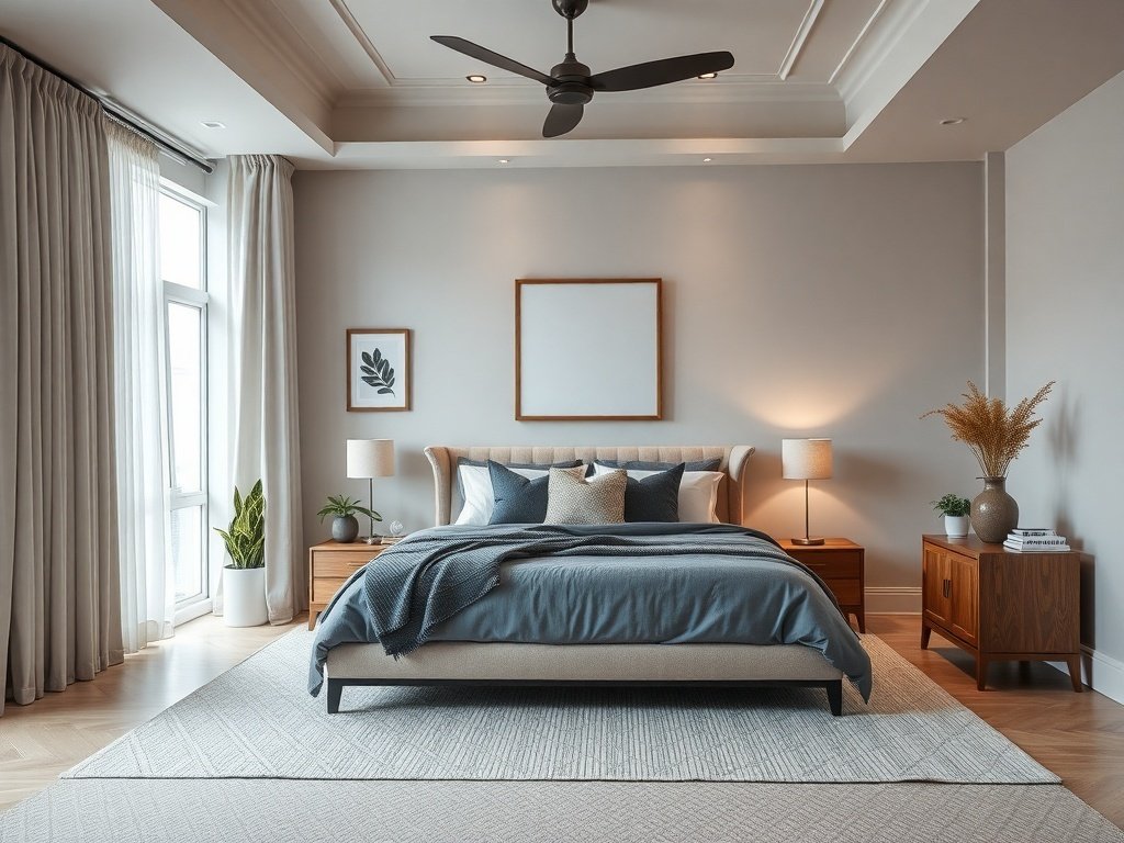 A beautifully decorated master bedroom featuring calming colors and stylish furniture.