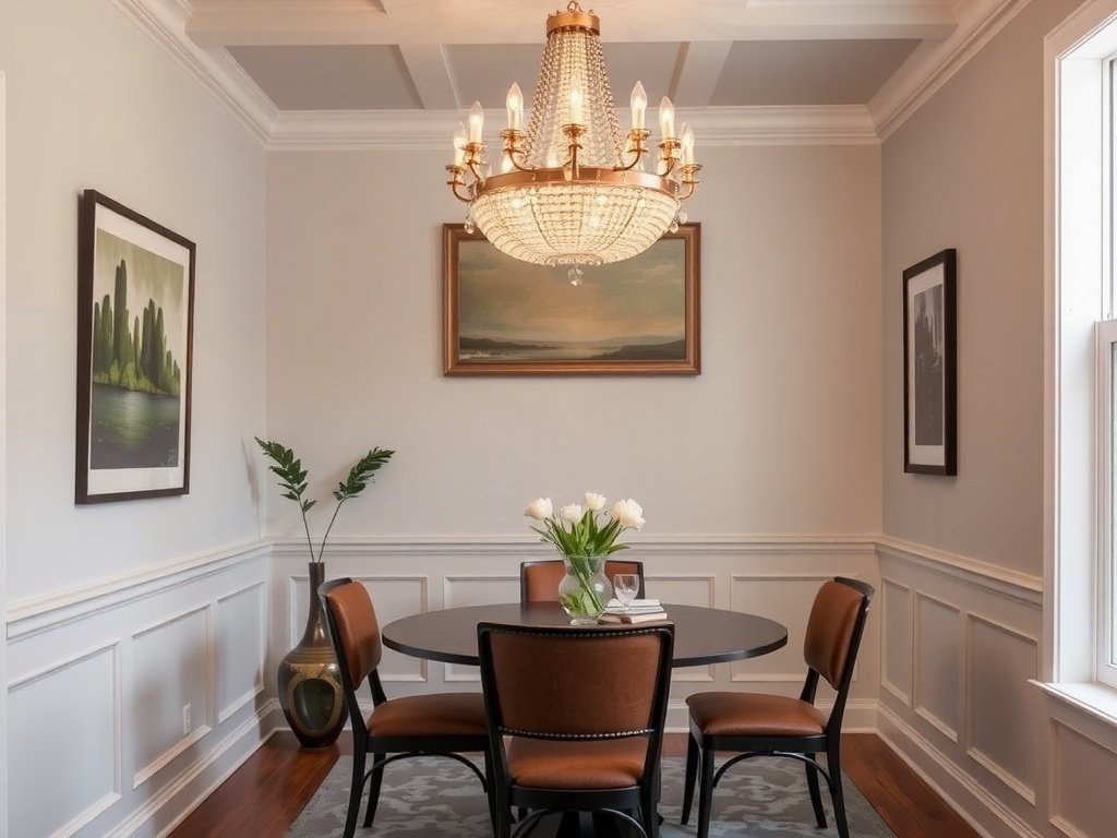 Elegant dining room with a chandelier and stylish decor.