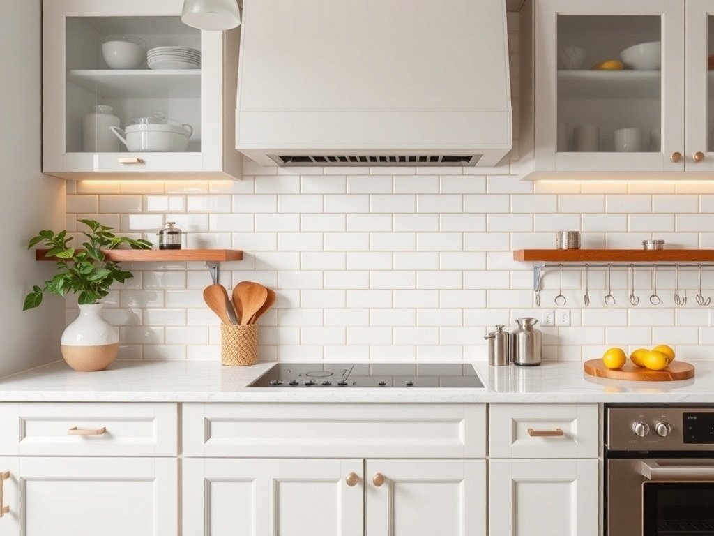 A modern kitchen with white subway tile backsplash featuring gold grout, complemented by wooden shelves and a sleek countertop.
