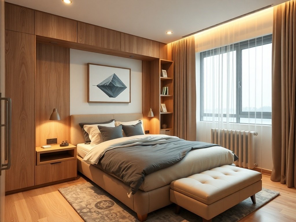 A stylish master bedroom featuring functional furniture for small spaces.