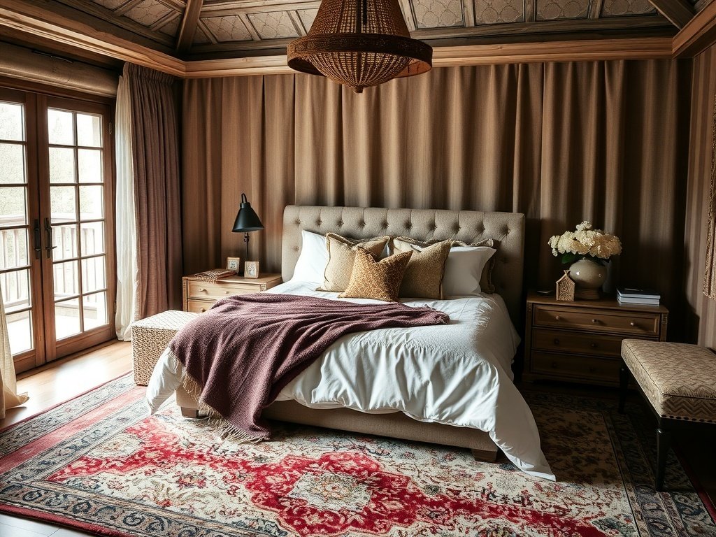 A cozy master bedroom featuring layered textures with a soft bed, a plush throw, and a decorative rug.