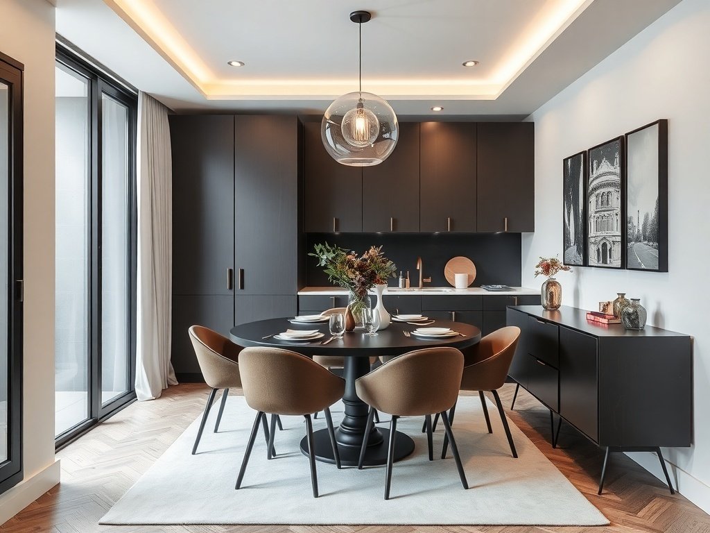 Sleek minimalist dining room featuring simple furniture and elegant decor.