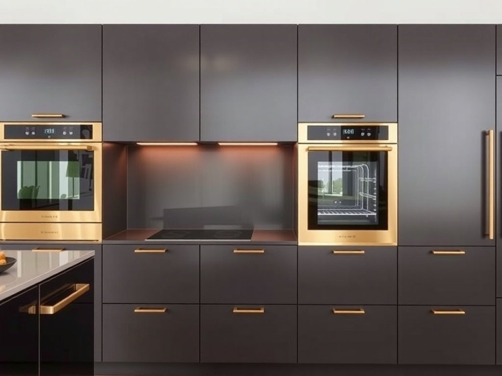 Modern luxury kitchen featuring integrated appliances with gold finishes