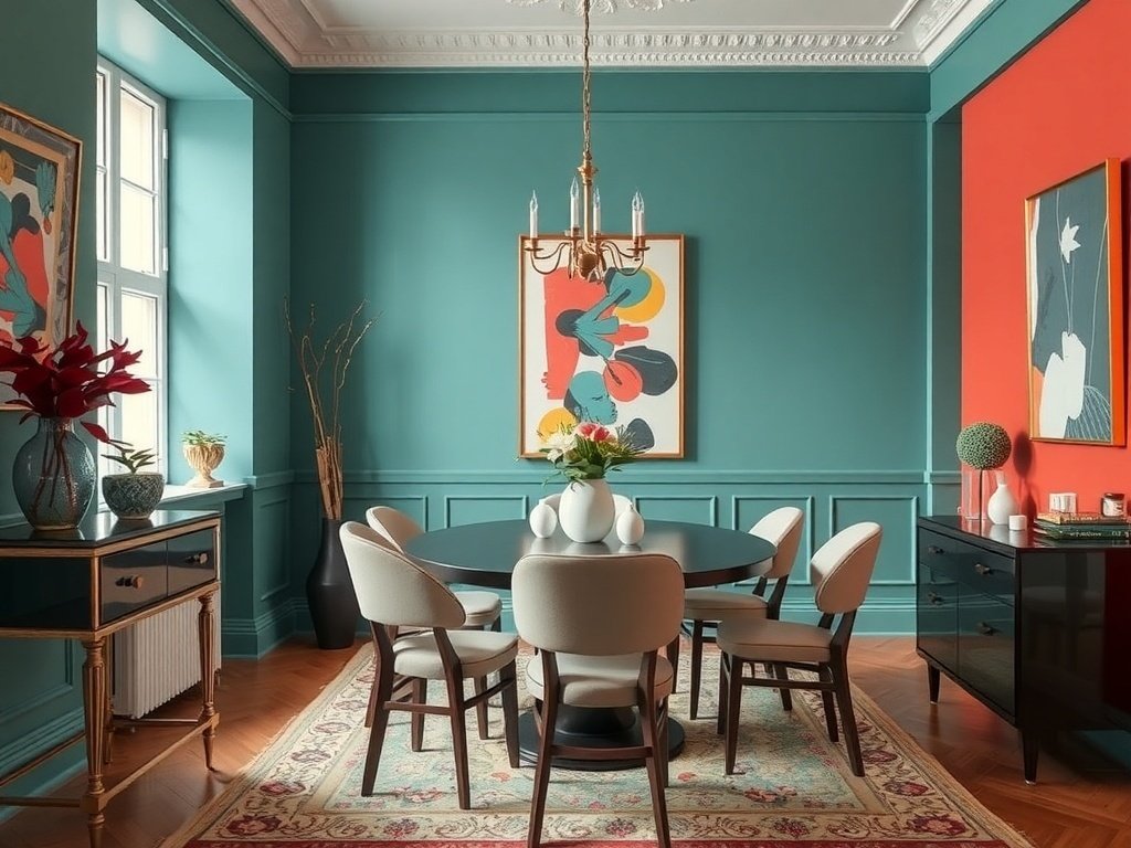 Elegant small dining room with multi-functional furniture and modern decor.