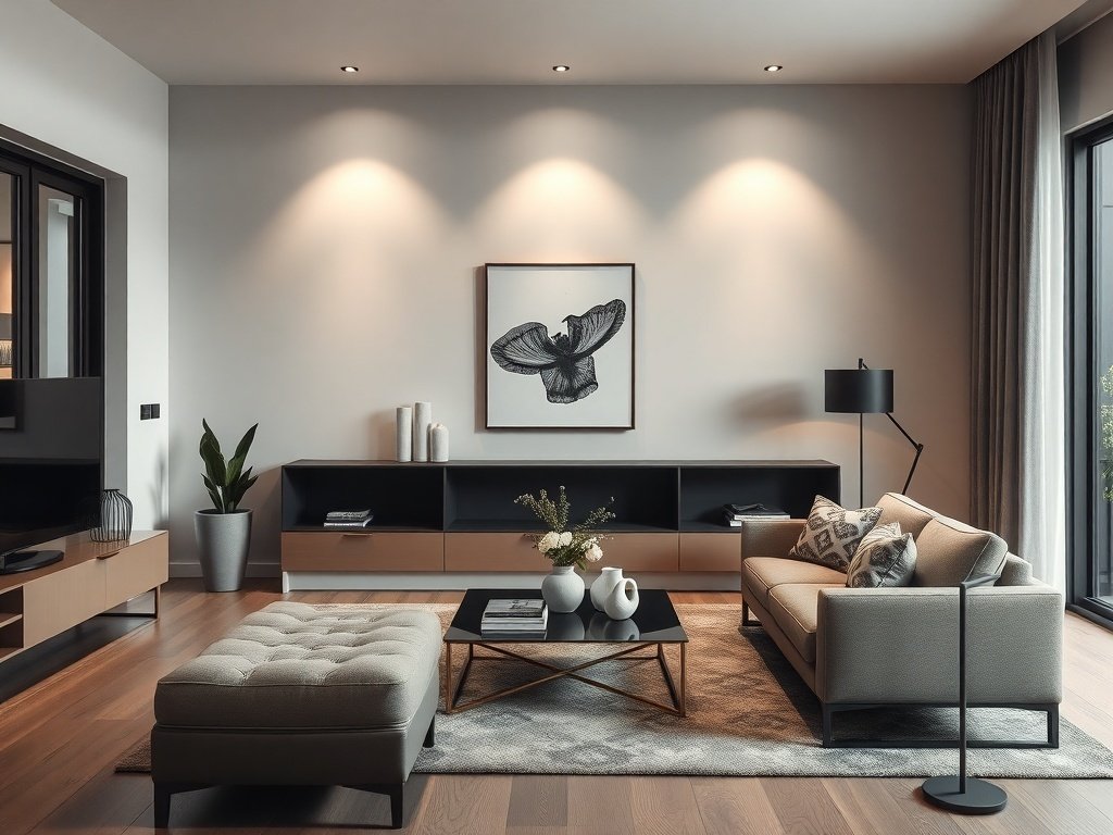 Elegant minimalistic living room with modern furniture and stylish decor