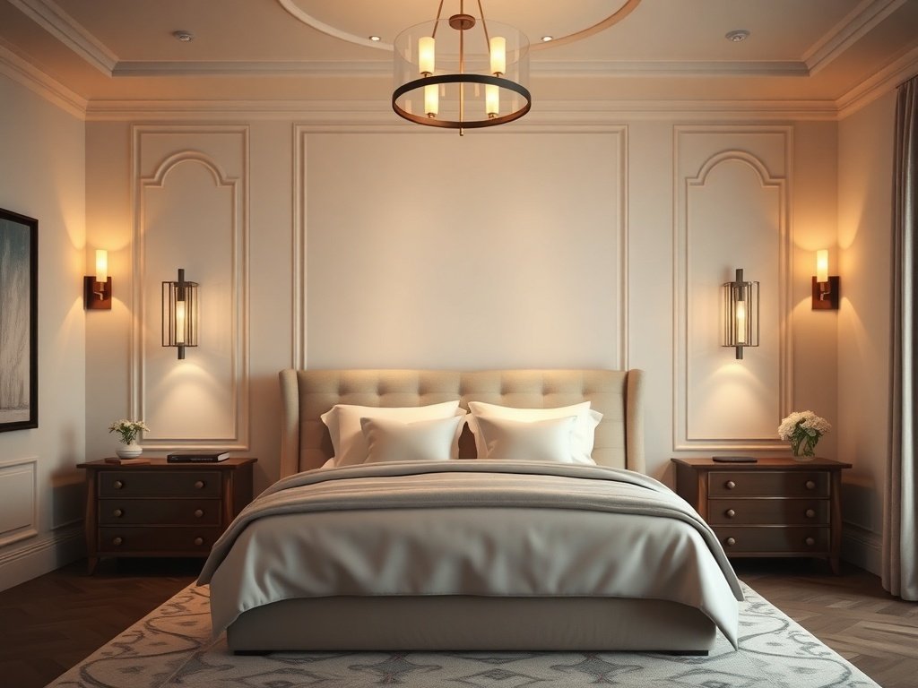 Elegant master bedroom with ambient lighting, featuring wall sconces and a stylish ceiling light.