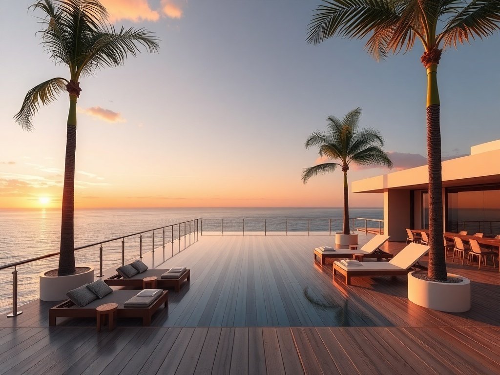 Infinity pool overlooking the ocean with loungers and palm trees