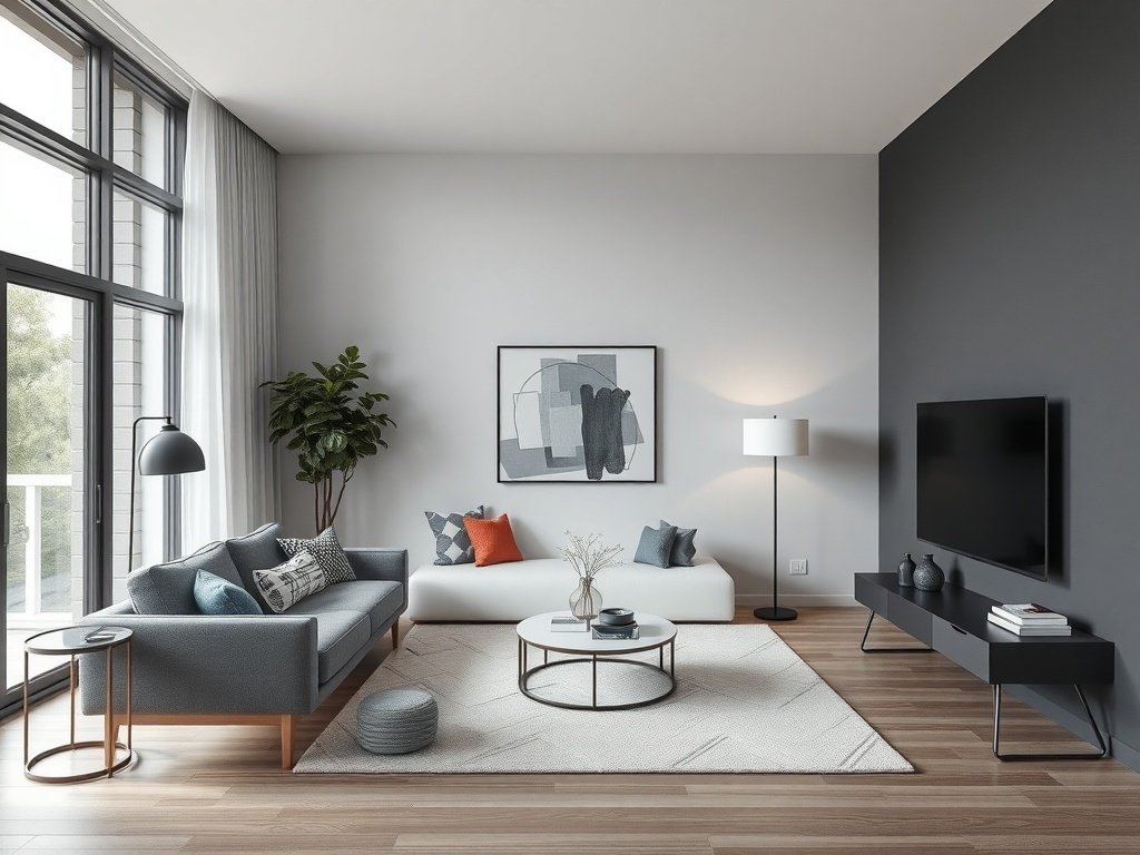 Modern luxury living room with sleek lines and geometric decor.