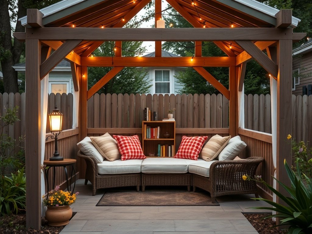 A cozy reading nook in a gazebo with cushions, bookshelf, and warm lighting.
