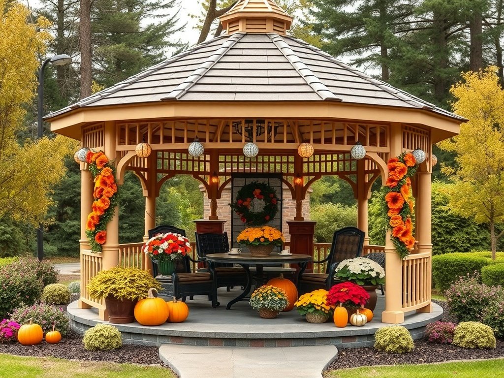 A beautifully decorated gazebo with fall flowers and pumpkins.