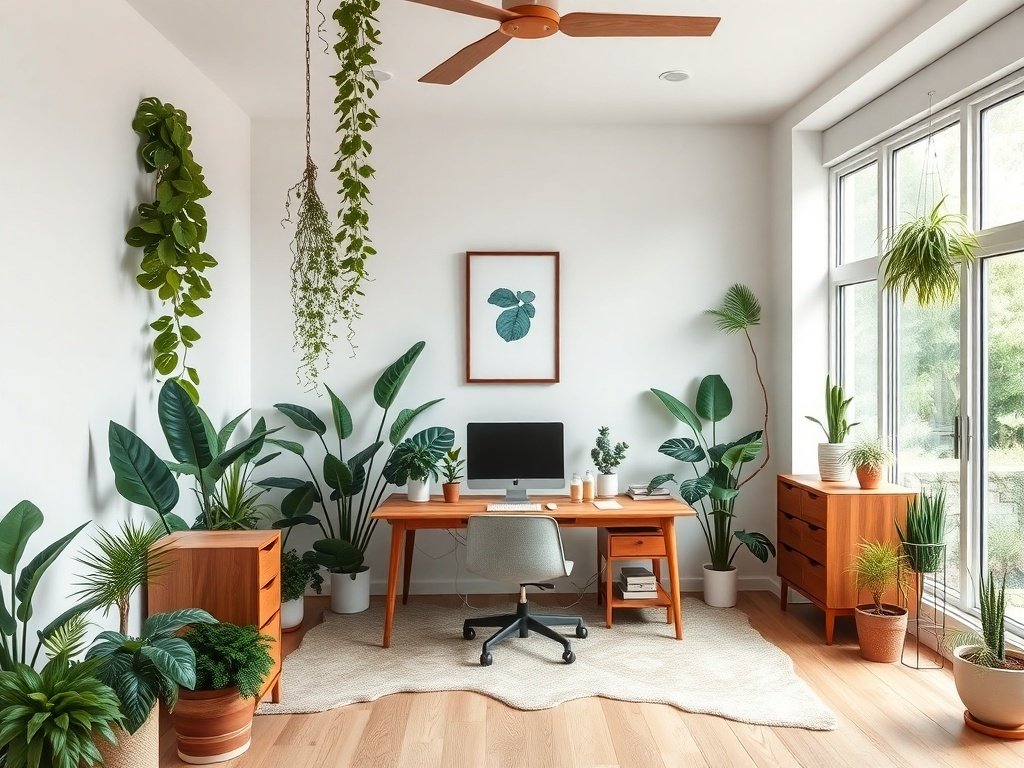 A bright home office filled with various greenery and modern wooden furniture.