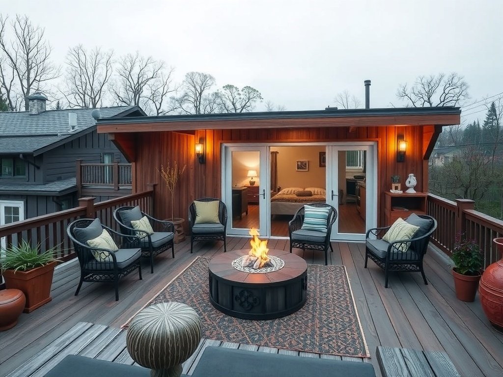 Stylish backyard deck featuring custom seating, a fire pit, and decorative elements