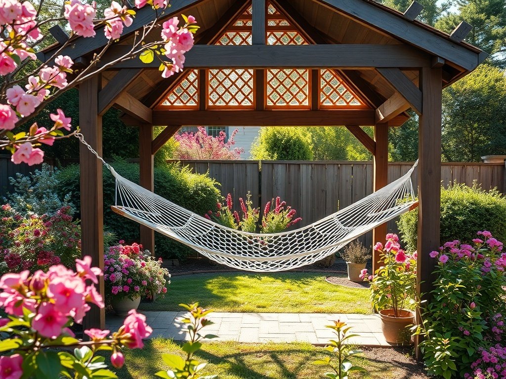 A serene hammock under a gazebo surrounded by blooming flowers in a backyard.