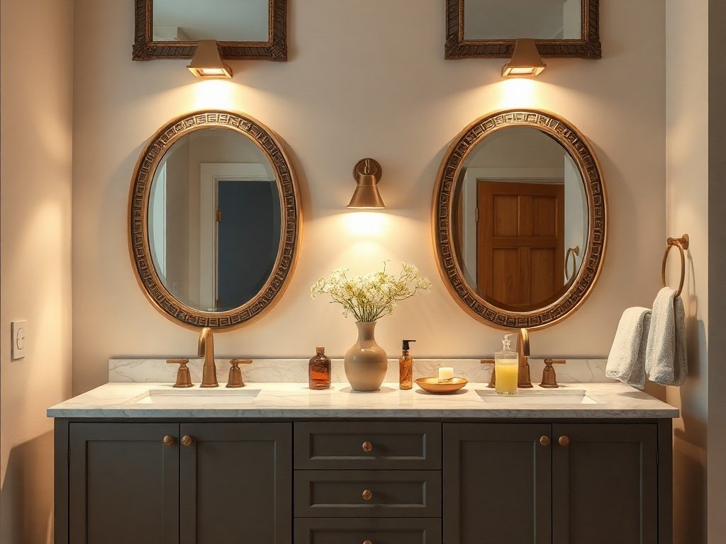 Luxurious bathroom vanity with ambient lighting and chic design.