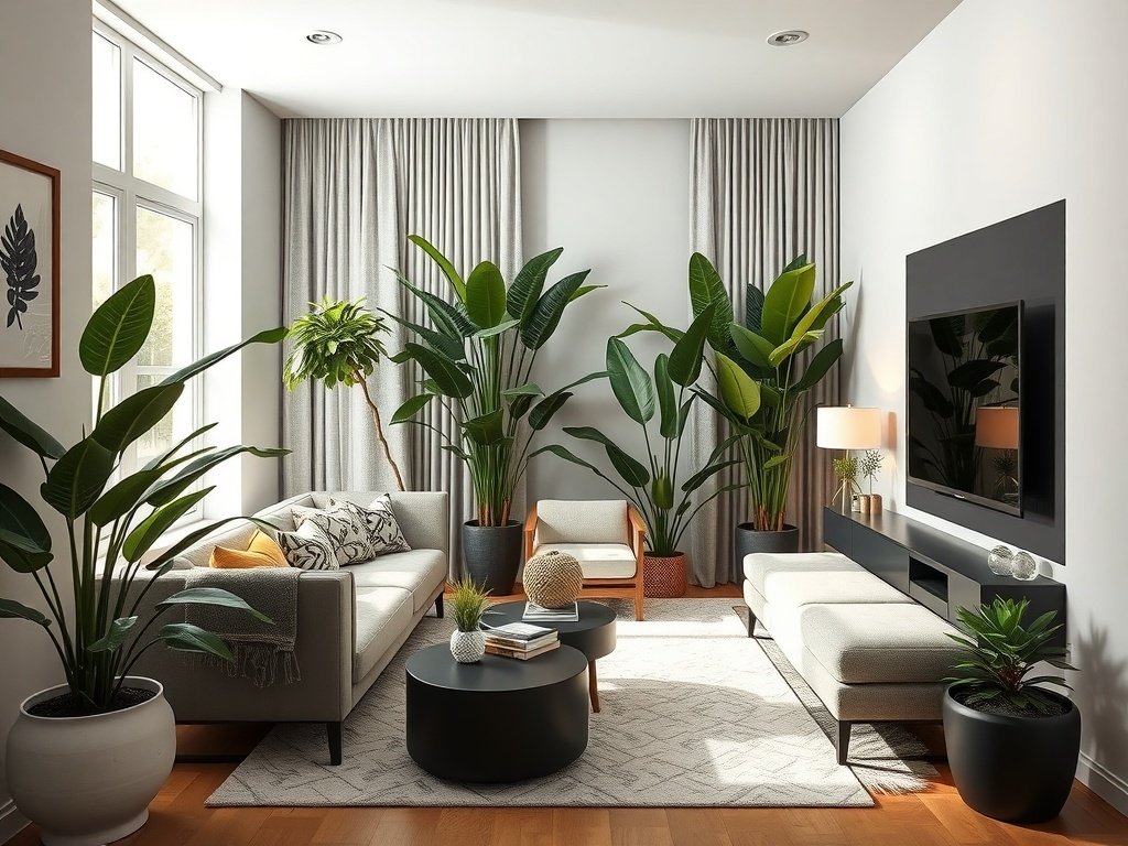 Elegant modern living room with indoor plants.