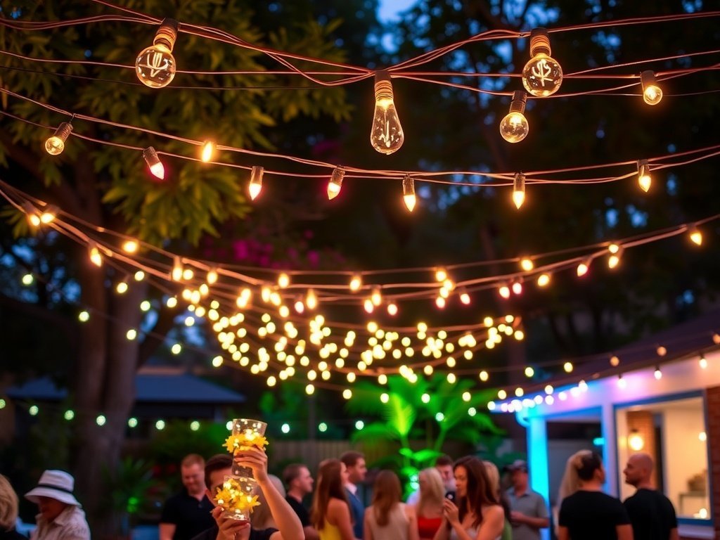 String lights illuminating a backyard party setting with guests mingling.