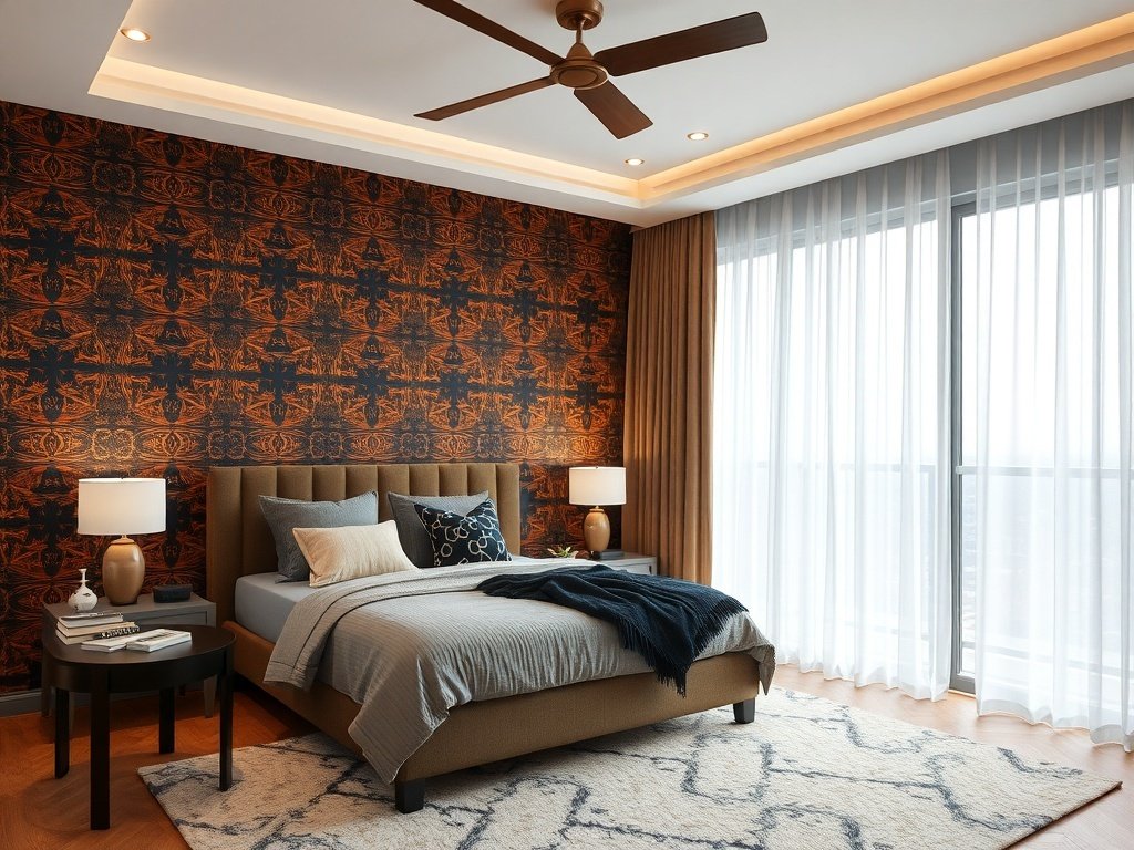 A stylish master bedroom featuring a bold accent wall with intricate patterns, complemented by warm lighting and modern furnishings.