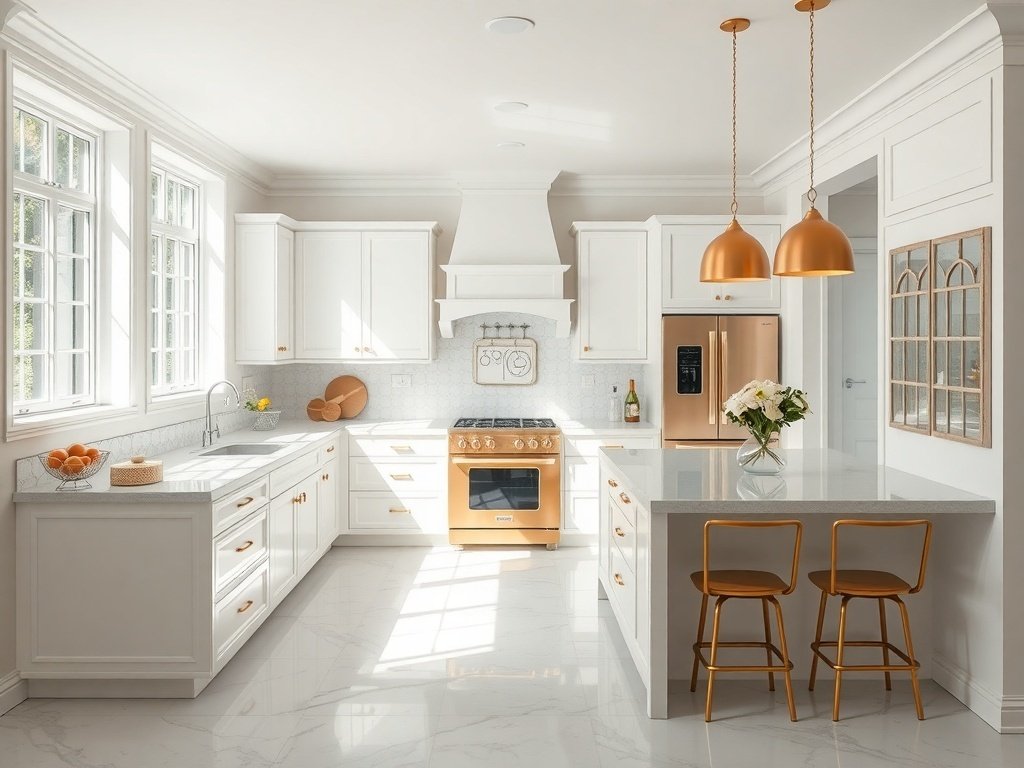 Modern luxury kitchen with white and gold accents, filled with natural light.