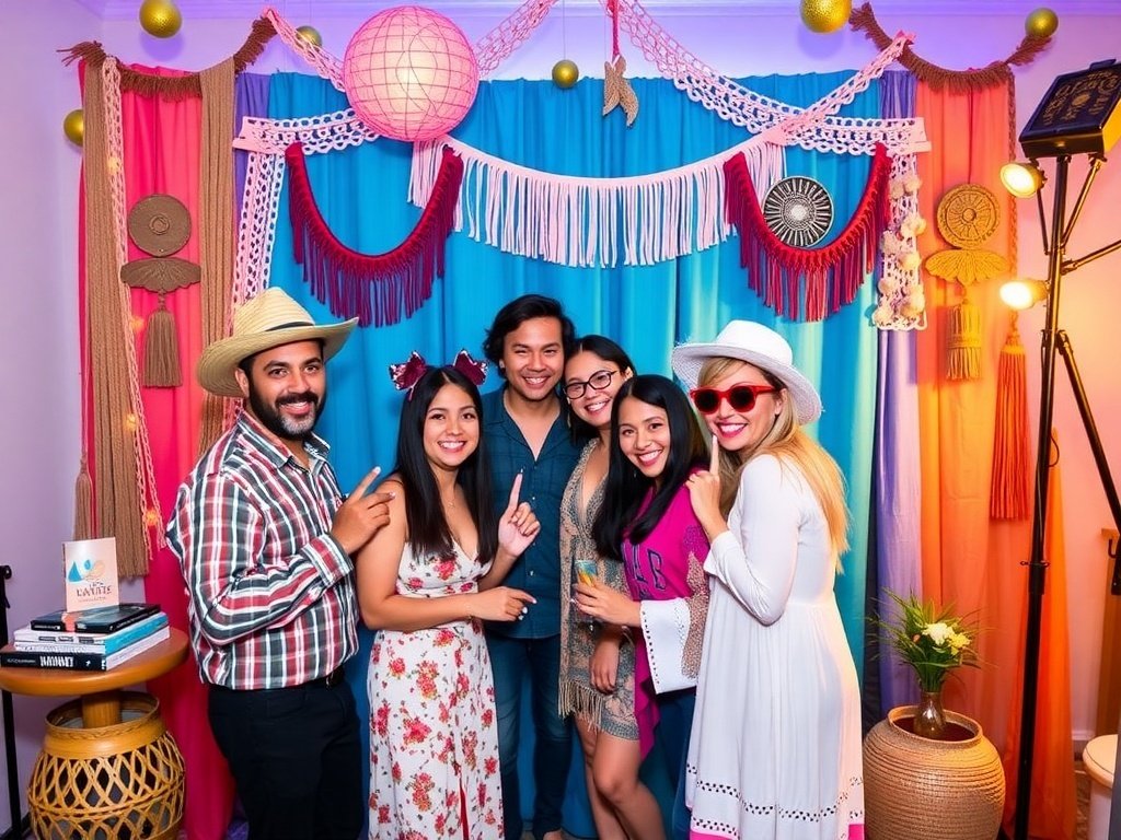 A vibrant themed photo booth setup with colorful fabrics and decorations, perfect for a backyard party.