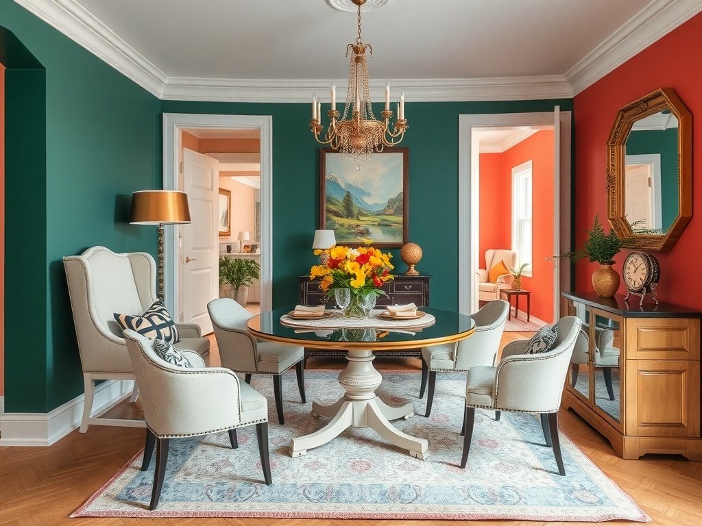 An elegant small dining room with bold colored walls and stylish furniture.