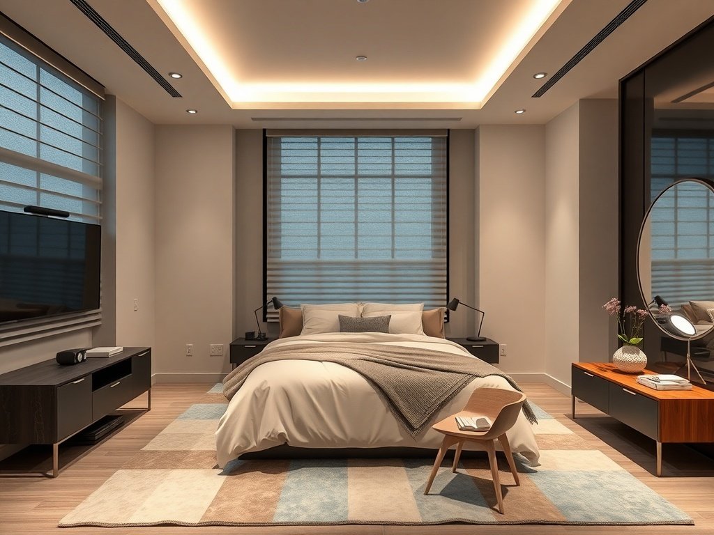 Modern master bedroom with smart technology features