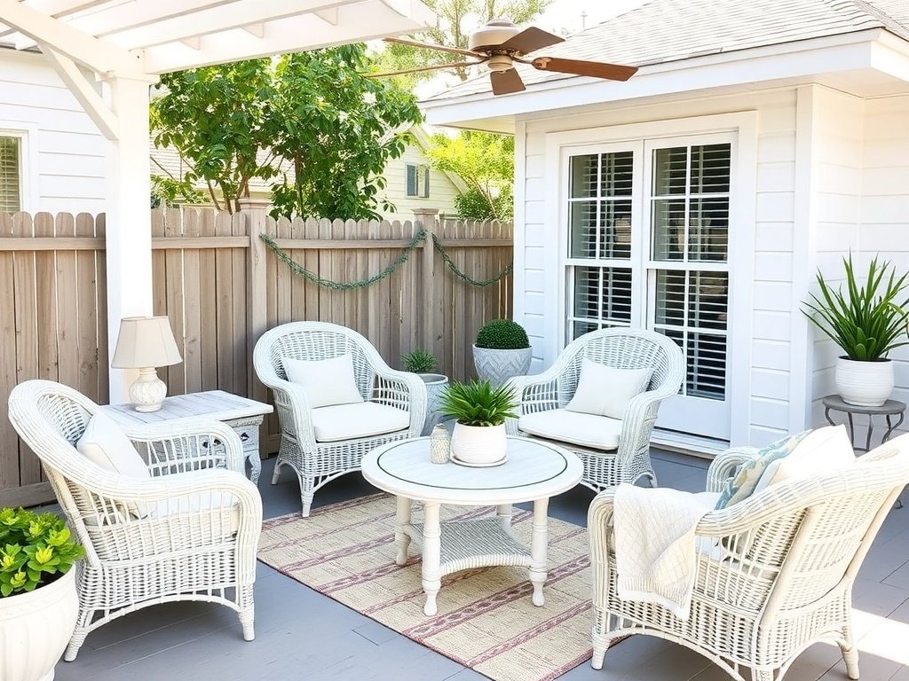A stylish coastal deck with wicker furniture and an ocean view.