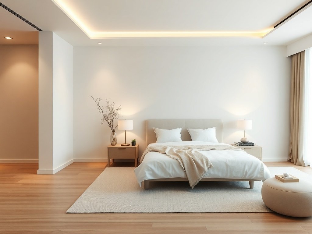 A bright, minimalist master bedroom featuring neutral tones, natural light, and simple decor.