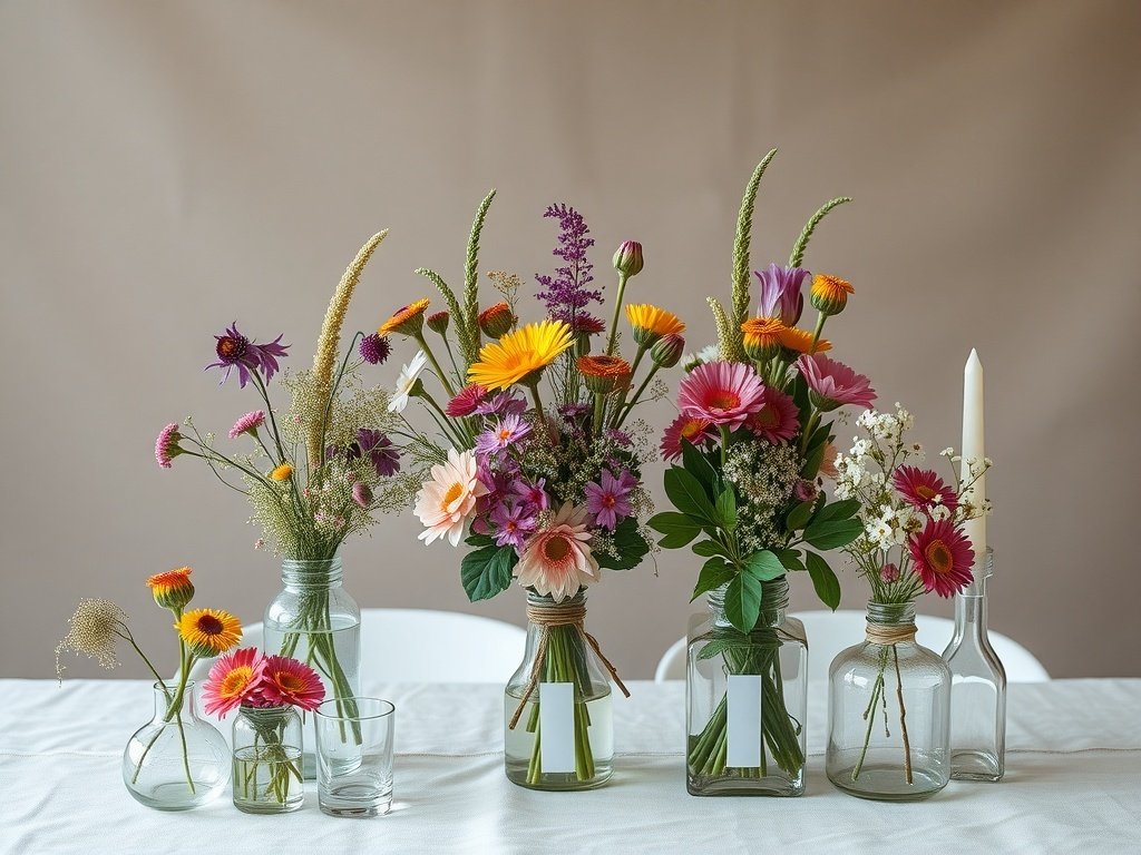 Colorful floral arrangements in glass bottles for a bohemian style backyard party