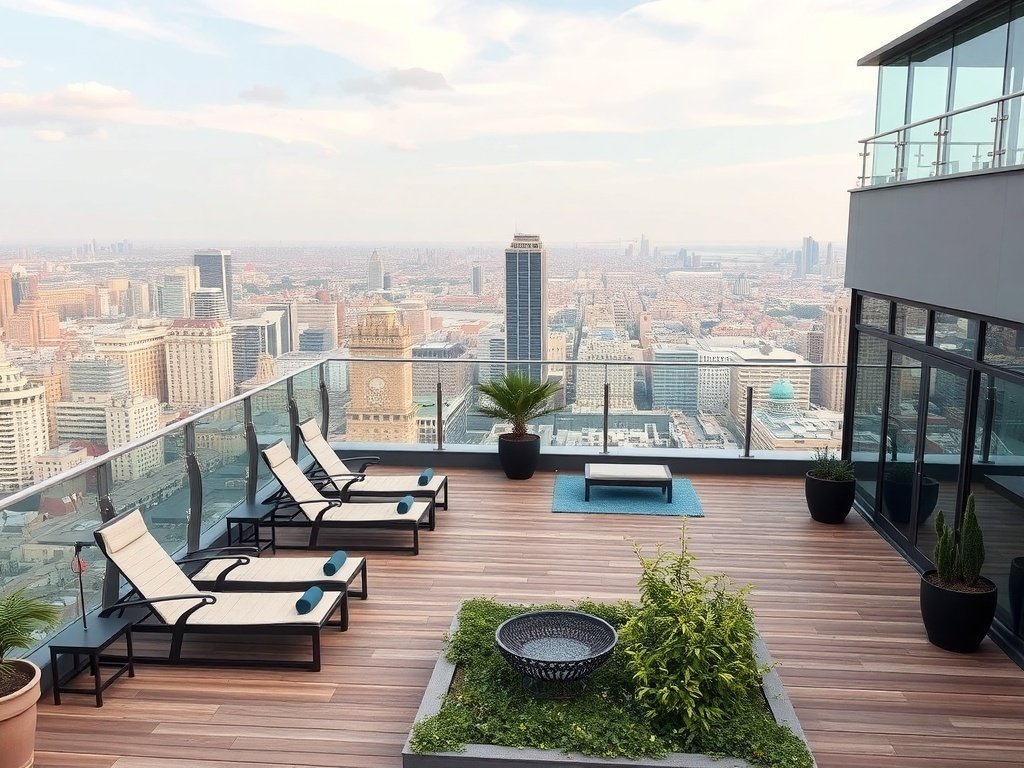 Elegant rooftop deck with lounge chairs and city skyline view