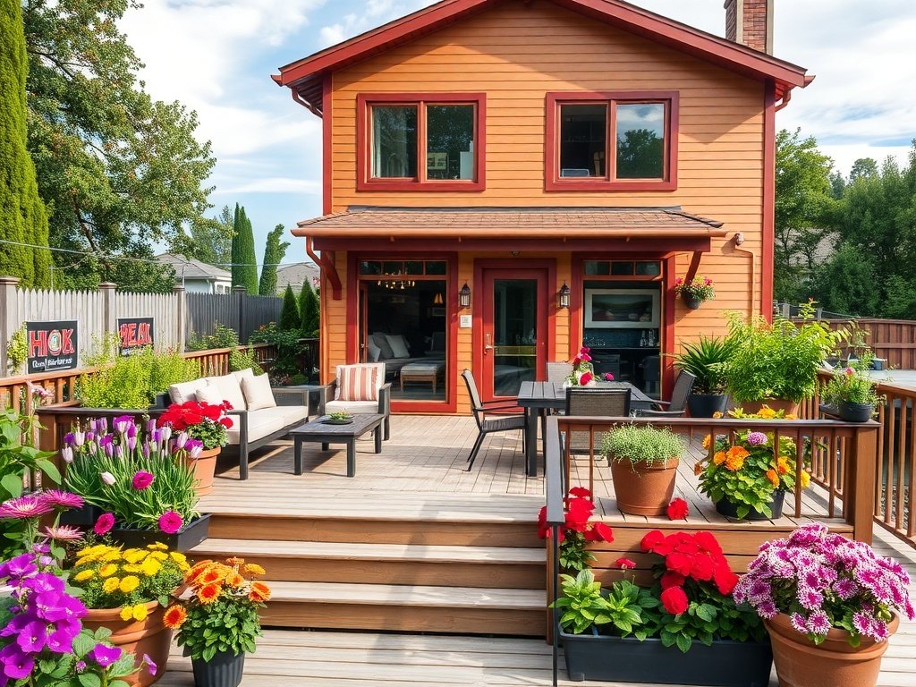 A beautifully landscaped multi-level backyard deck featuring various seating areas and colorful flowers.