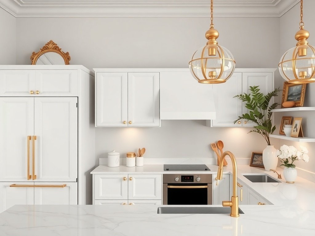 Modern luxury kitchen with gold accents and a framed mirror