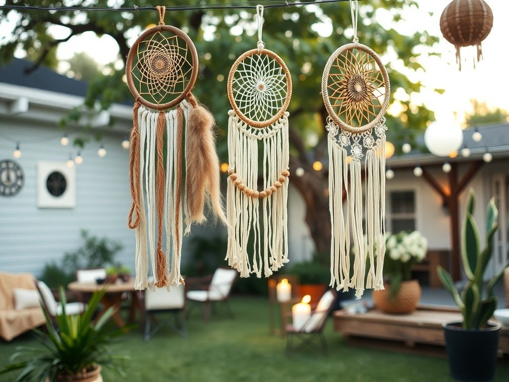 Colorful handmade dreamcatchers and macramé hangings at a backyard party