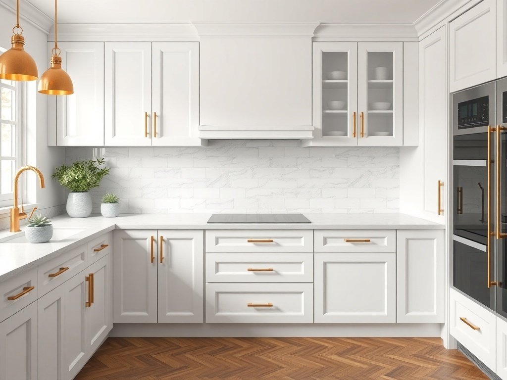 Modern luxury kitchen with white cabinets and gold accents.