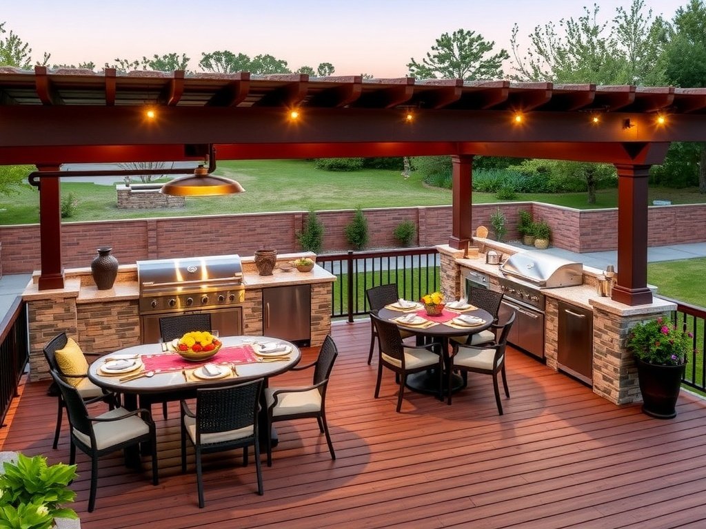 Outdoor kitchen and dining area with grill, countertops, and seating on a backyard deck.