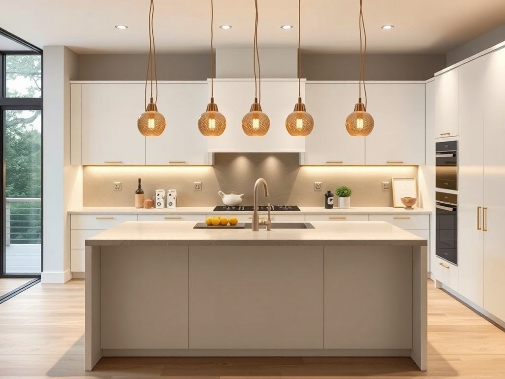 Stylish gold pendant lighting over a kitchen island in a modern luxury kitchen.