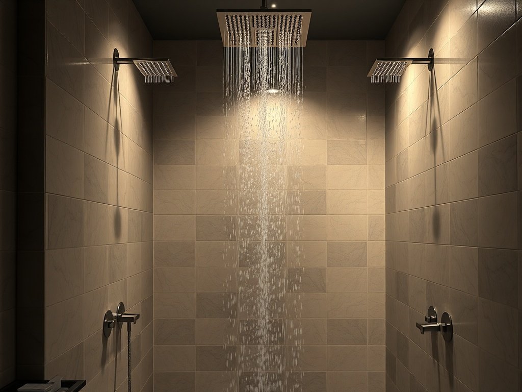 A sleek bathroom shower with rainfall features and warm lighting.