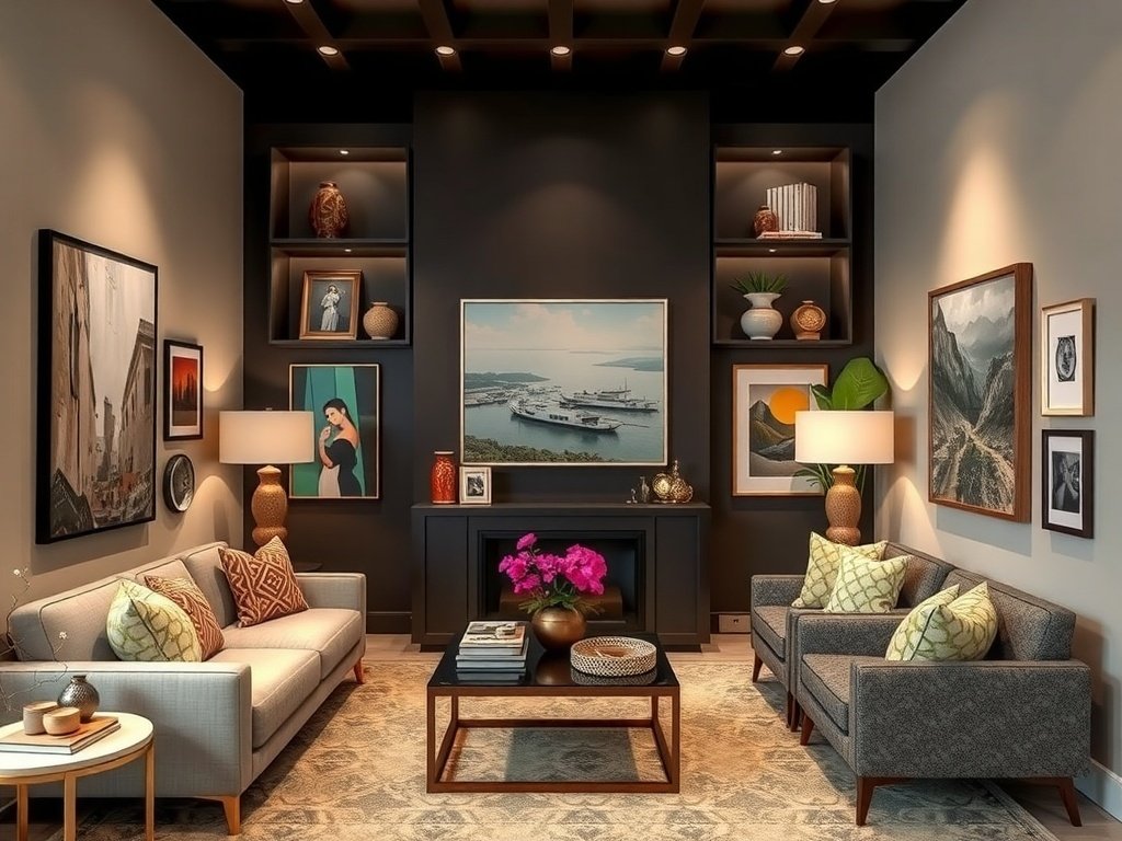Elegant modern living room with artful displays and cultural accents.
