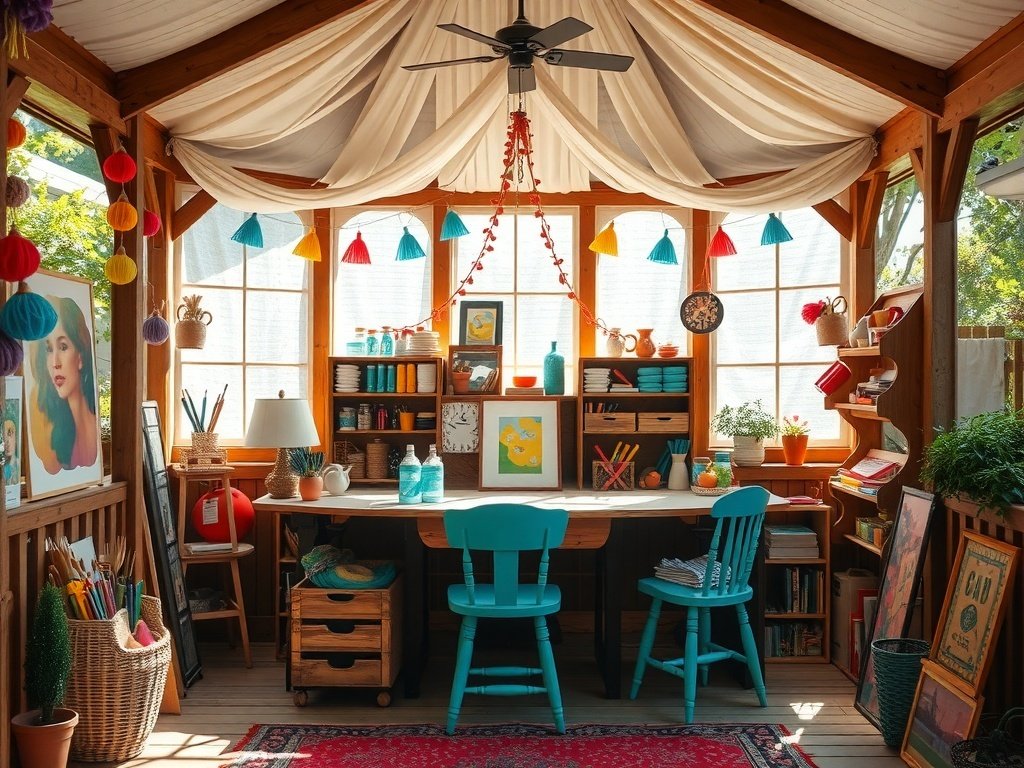 A bright and inviting backyard gazebo designed as a creative crafting space.