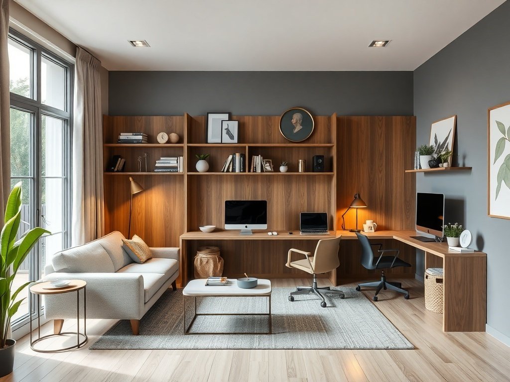 Modern home office with a desk, plants, and a cozy sofa