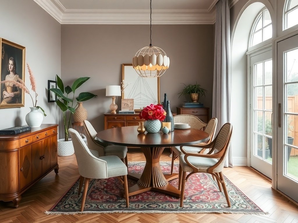 An elegant dining room with mid-century modern and classic decor elements.